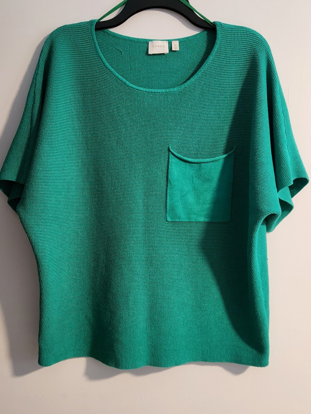 Cyrus Shamrock Green Short Sleeve Knit Top with Front Pocket
